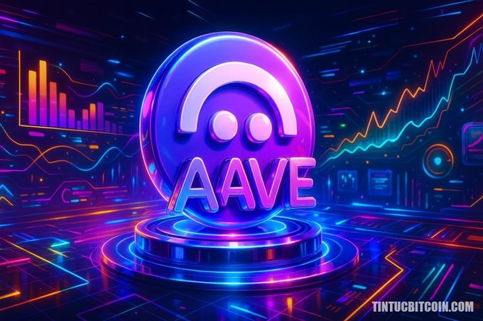 A neon 3D render of the AAVE crypto token logo with 'AAVE' text, displayed on a futuristic platform with financial charts, branded 'tintucbitcoin.com'.