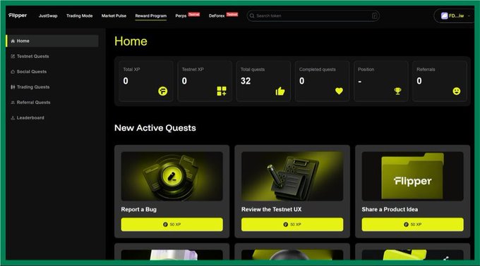 A dashboard for 'Flipper JustSwap' showing a Home page with stats (Total XP 0, Total quests 32) and 'New Active Quest' cards including Report a Bug, Review the Testnet UX, and Share a Product Idea.