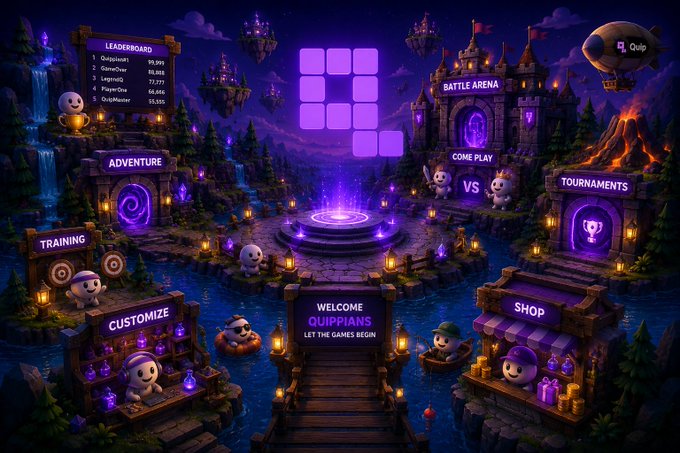 The image shows a vibrant purple-themed gaming interface featuring "QUIPPIANS" with various menu options including "LEADERBOARD," "BATTLE ARENA," "ADVENTURE," "TOURNAMENTS," "TRAINING," "CUSTOMIZE," and "SHOP," along with a central welcome message reading "WELCOME QUIPPIANS LET THE GAMES BEGIN!" It complements the "Gn everyone" post by showcasing a whimsical, mystical game world where users can play, compete, and interact in this purple-hued fantasy realm.