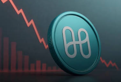 A teal Harmony (ONE) cryptocurrency coin stands prominently against a dark background featuring a plunging red downward chart line, symbolizing the dramatic decline of the protocol as it abandons its Layer 1 blockchain to pivot toward AI video technology.