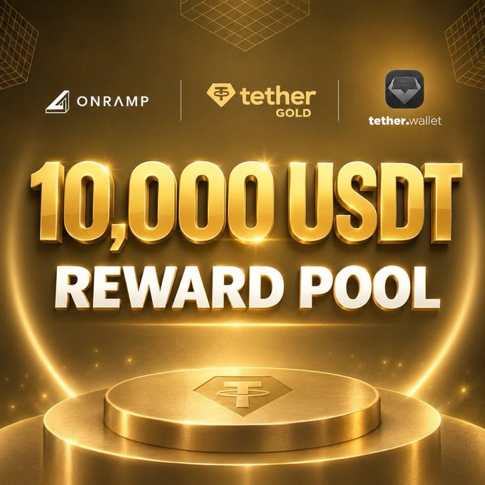 A promotional graphic featuring the ONRAMP, Tether Gold, and tether.wallet logos at the top, with bold gold lettering announcing a "10,000 USDT REWARD POOL" above a golden Tether coin on a pedestal. The image visually represents the Gold Rush campaign's prize pool, complementing the post about Onramp's partnership with Tether Gold and tether.wallet.