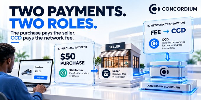 An infographic for Concordium explaining 'TWO PAYMENTS. TWO ROLES.' showing how a $50 purchase pays the seller in Stablecoin while CCD pays the network transaction fee.