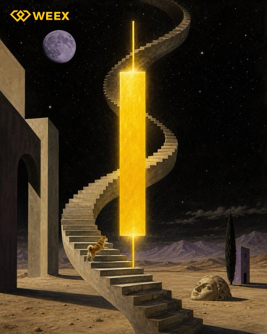 A glowing yellow monolith pierces a surreal desert nightscape, with a staircase spiraling up beside it toward the stars, while a small cat ascends the steps near the WEEY logo.

The image ties into the post by evoking a mystical, "choose your path" atmosphere that fits the speculative question about which memecoin investors are bullish on.