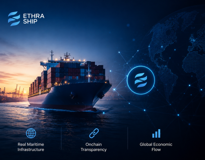 An Ethra Ship promotional graphic showing a large container ship at sea against a sunset, with a digital globe and the Ethra logo, highlighting three features: Real Maritime Infrastructure, Onchain Transparency, and Global Economic Flow.