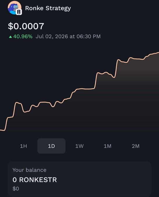 Screenshot of the Ronke Strategy ($RONKESTR) token showing a price of $0.0007, up 40.96% on July 02, 2026, with a balance of 0 RONKESTR displayed. The image supports the user's claim that the token is visible in their desktop wallet despite showing a zero balance, illustrating the visibility issue they raised with Ronin Network's support.