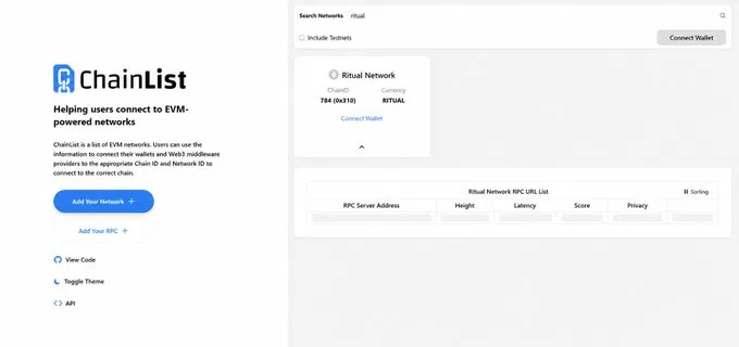 A screenshot of the ChainList website interface, showing a search for 'ritual' and a result for 'Ritual Network' with chain ID 784 (0x310) and a 'Connect Wallet' button.