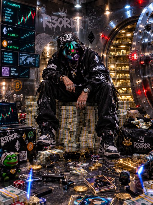 A stylized digital artwork depicting a masked figure in R3CORD-branded streetwear sitting on piles of cash inside a vault, surrounded by cryptocurrency price screens, trading charts, and luxury accessories.