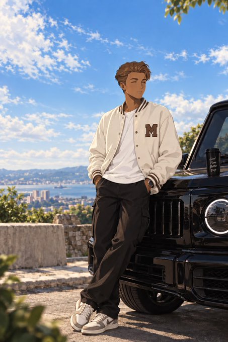 An anime-style illustration of a young man with brown hair wearing a varsity jacket with an 'M' on it, leaning against a black SUV with a coastal town in the background.
