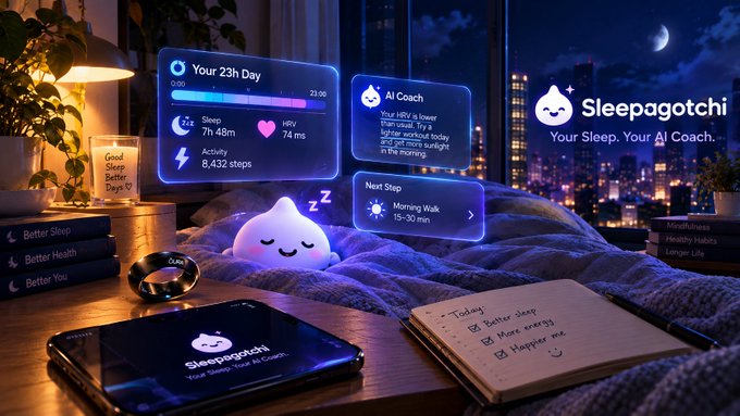 A promotional image for 'Sleepagotchi - Your Sleep. Your AI Coach,' showing a cozy bedroom scene with a sleeping cloud character, a smartwatch, a phone displaying the app, and holographic screens showing HRV (74 ms), sleep stats (7h 48m), and 8,432 steps.