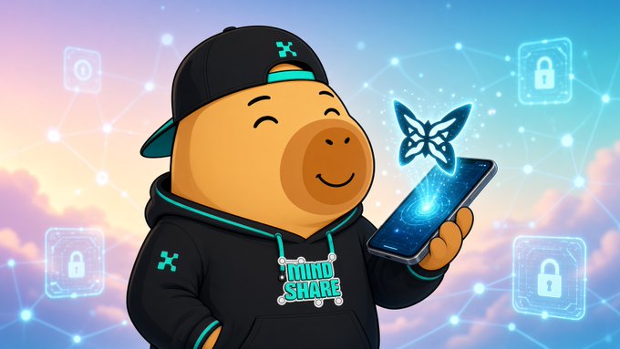 A cartoon cow wearing a black cap and 'MIND SHARE' hoodie holds a smartphone displaying a glowing blue butterfly, surrounded by floating padlock icons against a sky background.