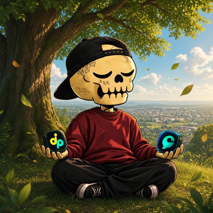 An AI-generated illustration of a skull-headed figure in a red sweatshirt and backwards cap meditating under a tree while holding two app icons.