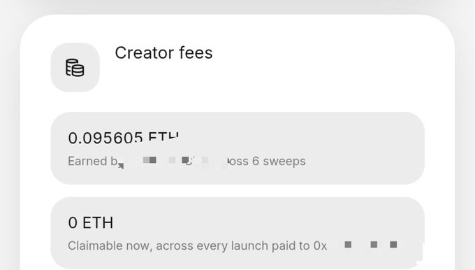 A screenshot of creator fees showing 0.095605 FTM earned across 6 sweeps and 0 ETH claimable, with portions of text pixelated/redacted.