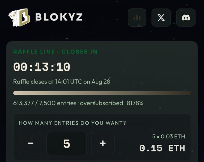 A screenshot of the BLOKYZ website showing a live raffle with a countdown timer of 00:13:10, displaying 613,377 entries for a prize of 7,500 entries at 0.15 ETH.