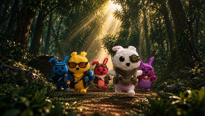 A group of colorful, animated toy characters including a panda, yellow bear, and rabbit figurines walking along a forest path with sunlight filtering through the trees.