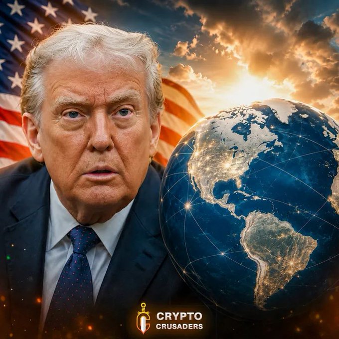 The image features a man wearing a suit, standing next to a globe with the words "THE WORLD WILL BE THE WORLD CAPITAL OF CRYPTOCURRENCY!" written above him. The text suggests that the man is promoting cryptocurrency as the future of currency and economy.