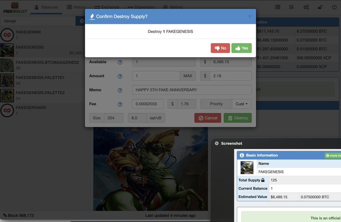A screenshot from the FREEWILLET app displays a 'Confirm Destroy Supply?' dialog box for a digital asset named 'FAKEGENESIS', listing an available supply of 125 and a value of $6,489.15.