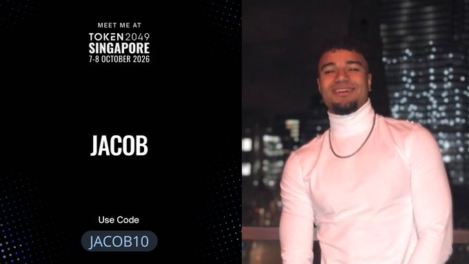 A promotional graphic for TOKEN2049 Singapore (7-8 October 2026) featuring a man in a white turtleneck, with text 'JACOB' and a discount code 'JACOB10'.