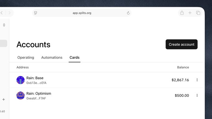 A browser screenshot of app.splits.org showing the 'Accounts' tab with two wallets: 'Rain: Base' with a balance of $2,867.16 and 'Rain: Optimism' with a balance of $500.00.