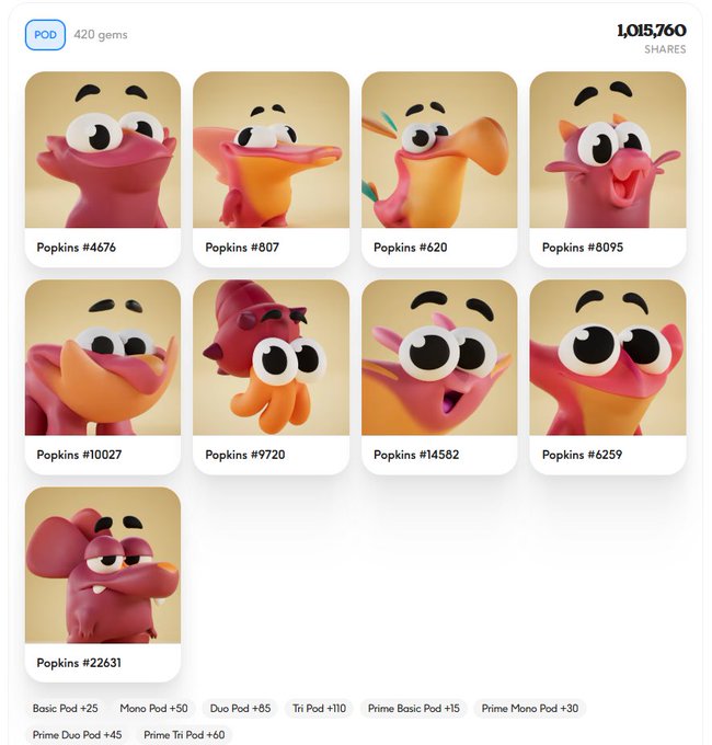 A web interface showing multiple 3D rendered 'Popkins' NFT characters with different IDs, labeled 'POD 420 gems' with 1,015,760 shares, showing various pricing tiers below.