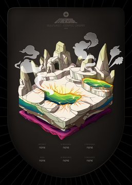 Stylized 3D landscape illustration depicting a fantasy canyon with floating rocks, smoke clouds, and a central yellow glowing area, with 'none' placeholders at the bottom.