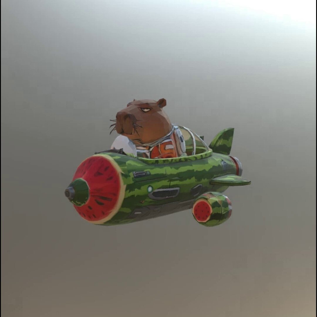 The image features a cartoon character of a bear sitting in an airplane that has been designed with watermelon as its body. The bear appears to be wearing a hat, and there are two other bears visible in the background. The airplane is painted green and white, giving it a unique appearance. The post also mentions that BC released a game called Galaxy Rift, which includes exclusive TCAPY NFT skins for players who want to explore 3D space and interact with various clans and alliances within the game.