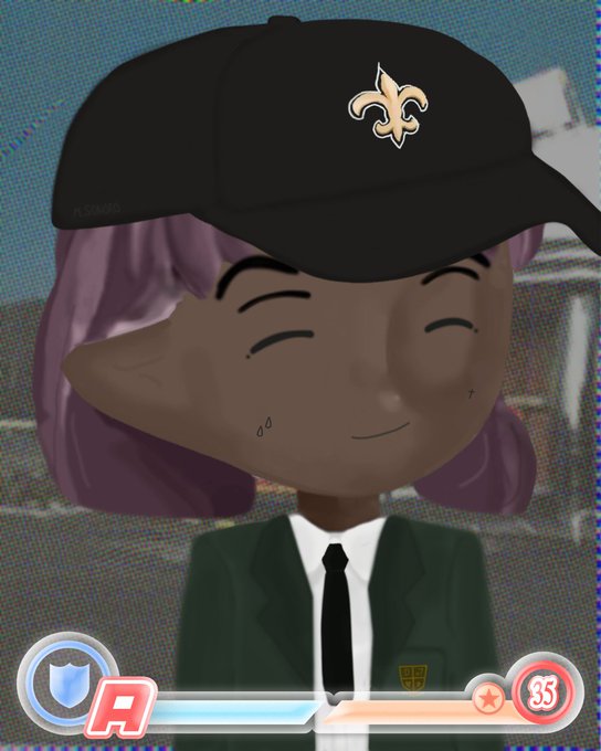 A smiling 3D avatar with purple hair and dark skin wears a black cap featuring a gold fleur-de-lis emblem (resembling New Orleans Saints branding) and a black suit with tie, with health bars at the bottom.