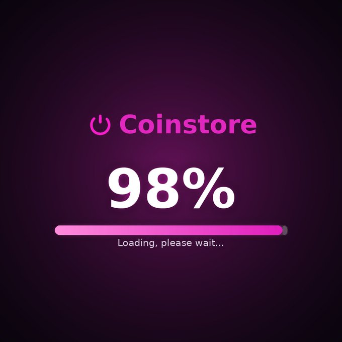 A loading screen for Coinstore displays "98%" with a progress bar nearly full and the message "Loading, please wait..." — visually echoing the post's "$80K loading" theme to suggest Bitcoin is close to hitting that milestone.