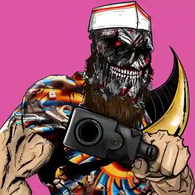 A digital illustration shows a menacing, skeletal character with red eyes holding a gun, set against a bright pink background.