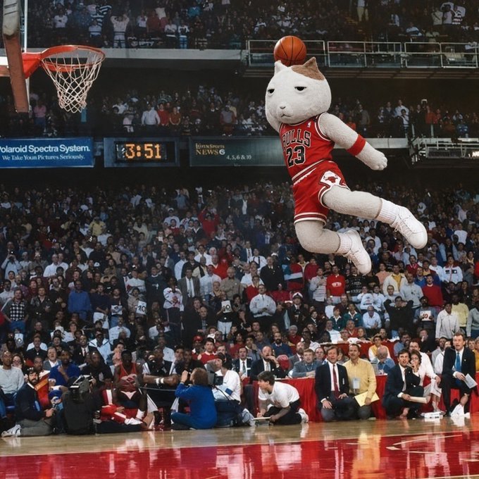 A photograph of the Chicago Bulls mascot performing a slam dunk during a basketball game, wearing the red #23 jersey, with a large crowd and a scoreboard showing 3:51 visible in the background.