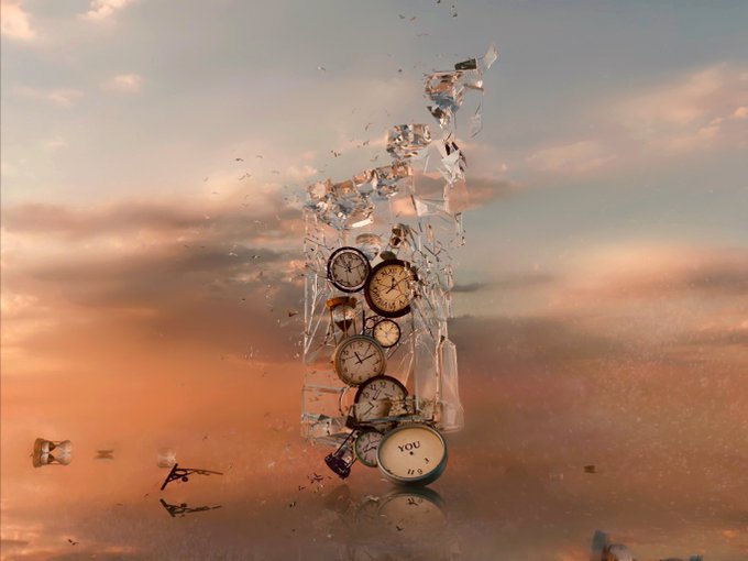 Surreal digital artwork depicting a fragmented sculpture of clocks breaking apart against a sunset sky, with one clock face reading 'YOU'.