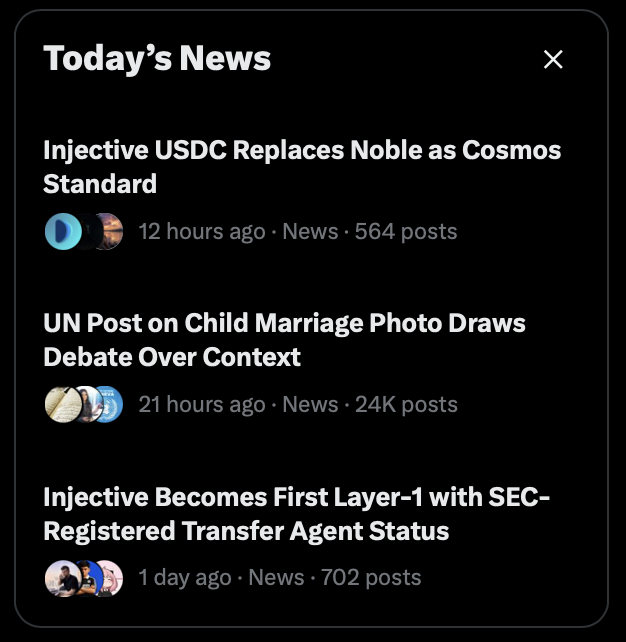 A mobile news feed titled "Today's News" displaying headlines including "Injective USDC Replaces Noble as Cosmos Standard", "UN Post on Child Marriage Photo Draws Debate Over Context", and "Injective Becomes First Layer-1 with SEC-Registered Transfer Agent Status".