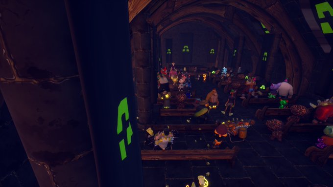 A dimly lit 3D rendered scene of a gothic hall or tavern filled with small stylized characters seated at wooden tables, with green glowing symbols decorating the stone archways.