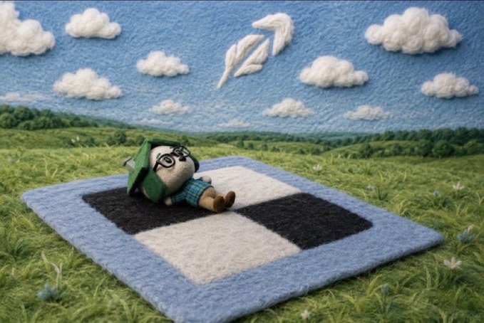 A cute plush character wearing a green hat and glasses relaxes on a checkered picnic blanket in a felt-style grassy field with fluffy clouds and a shooting star.