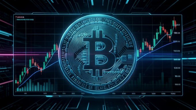 A Bitcoin cryptocurrency graphic featuring a glowing blue Bitcoin logo overlaid on a candlestick price chart with an upward trend.