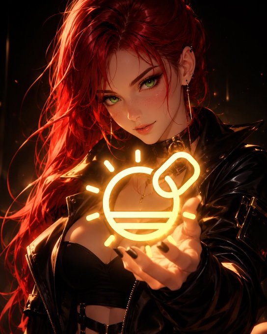 A red-haired woman in a black leather jacket holds up a glowing golden logo featuring a stylized "S" with a pill/capsule design, evoking the "Sol" in "SolOnChain" while symbolizing the brand's crypto/DeFi presence. The neon emblem serves as a striking visual mascot for the post's bold proclamation about SolOnChain "changing the game."