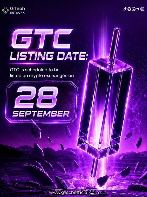 A futuristic purple promotional graphic for GTech Network announces the GTC token listing date on crypto exchanges as 28 September, featuring a glowing crystal-like structure emerging from a rocky landscape. The image visually reinforces the post's message about the upcoming milestone and the start of a new chapter for the network.