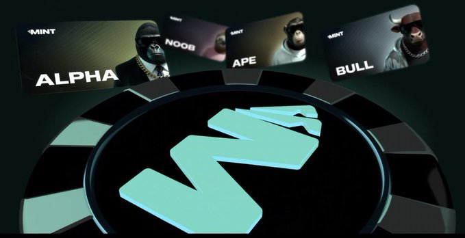 A 3D rendered graphic shows a spinning poker chip with a stylized logo, surrounded by four floating trading cards labeled 'MINT' with characters named ALPHA, NOOB, APE, and BULL.