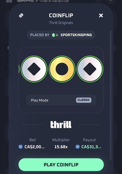 A screenshot of a digital gambling interface for a 'COINFLIP' game by 'thrill', placed by 'SPORTSKINGPING', showing a bet of CA$2.00, a 15.68x multiplier, and a potential payout of CA$31.3.