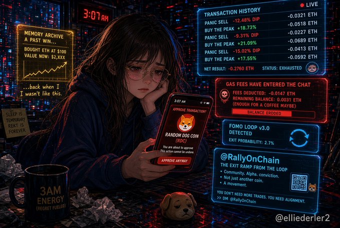 A weary young woman at 3:07 AM stares at her phone displaying an "APPROVE TRANSACTION?" prompt for a "RANDOM DOG COIN (RDC)," surrounded by floating digital panels showing her devastating transaction history (-0.2760 ETH, including multiple "PANIC SELL" dips and "BUY THE PEAK" entries), a drained ETH balance from gas fees, and a "FOMO LOOP v3.0" detection notice for @RallyOnChain. The caption captures how her crypto trading journey has spiraled from hopeful early ETH purchases into late-night exhaustion and reckless meme coin approvals.