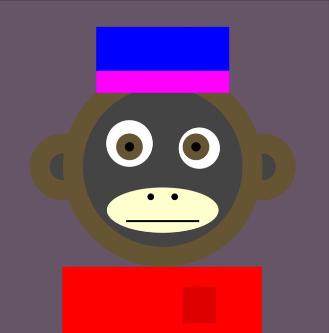 A digital illustration of a cartoon monkey face with a neutral expression, wearing a purple and blue striped hat, set against a grayish-brown background with a red rectangular block below.