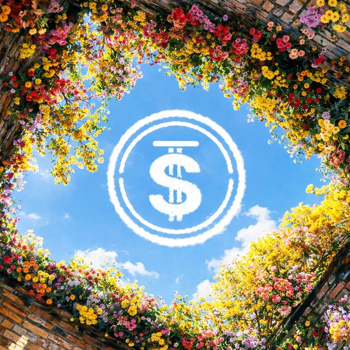 A view looking up at a bright blue sky with a dollar sign inside a circle drawn in clouds, framed by a brick archway covered in colorful flowers.