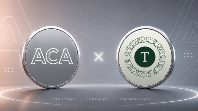 A promotional graphic showing two metallic coins labeled 'ACA' and a 'T' symbol separated by an 'x', with the tagline 'CREATORS | COMMUNITY | OPPORTUNITIES'.