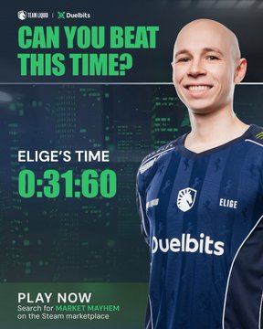 An advertisement for a Team Liquid x Duelbits promotion, showing a smiling bald man in a navy jersey with text 'CAN YOU BEAT THIS TIME?', 'ELIGE'S TIME 0:31.60', and 'PLAY NOW Search for MARKET MAYHEM on the Steam marketplace'.