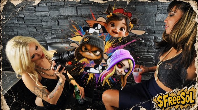 A stylized promotional image featuring two women with cartoon characters (cat, girl, mouse) splashed with paint, with '$FreeSol' visible in the corner.