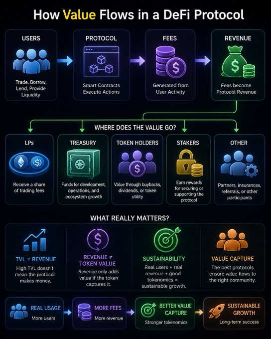 An infographic titled 'How Value Flows in a DeFi Protocol' explaining the flow from users to protocols, fees, revenue, and distribution to LPs, treasury, token holders, stakers, and others.