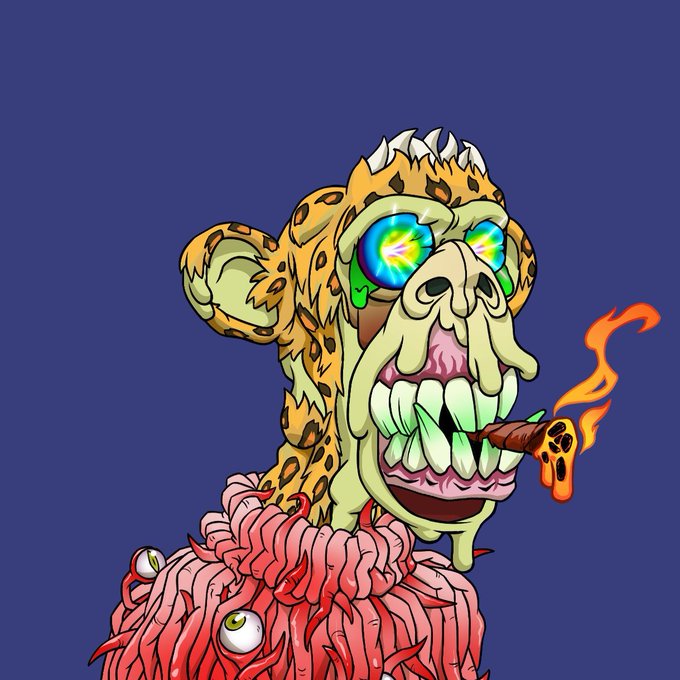 A psychedelic illustration of a leopard-like creature with glowing rainbow eyes, bared teeth, a flaming joint, and a mass of pink worms with eyeballs emerging from its chest.