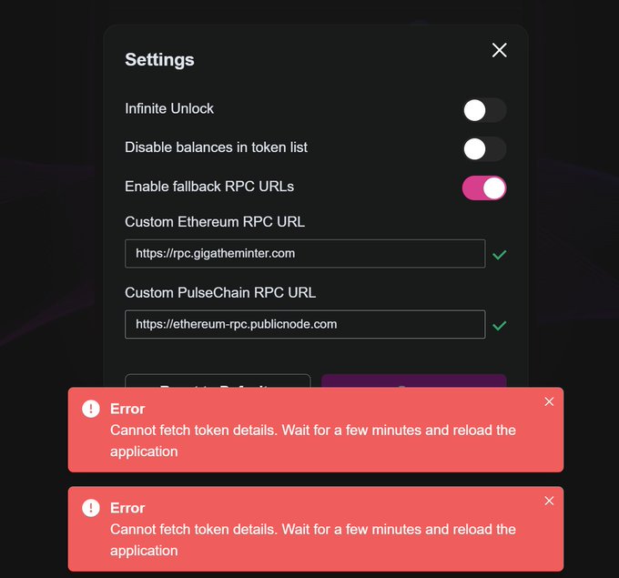 A settings panel shows RPC URLs configured (Ethereum: rpc.gigatheminter.com, PulseChain: ethereum-rpc.publicnode.com) with fallback URLs enabled, but two red error messages appear stating "Cannot fetch token details. Wait for a few minutes and reload the application," illustrating the bridge outage the user describes despite their RPC configuration attempts.