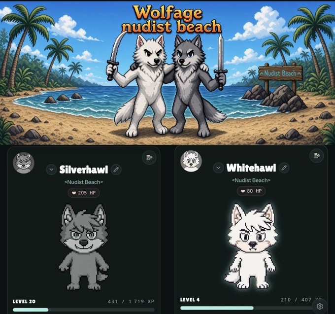 A colorful cartoon illustration for 'Wolfage nudist beach' shows two anthropomorphic wolves holding swords, with character profile cards below for 'Silverhawl' (Level 20, 205 HP) and 'Whitehawl' (Level 4, 80 HP).