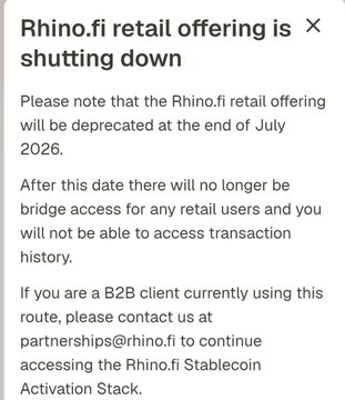 Notice announcing "Rhino.fi retail offering is shutting down," stating the retail offering will be deprecated at the end of July 2026 with no bridge access for retail users afterward.