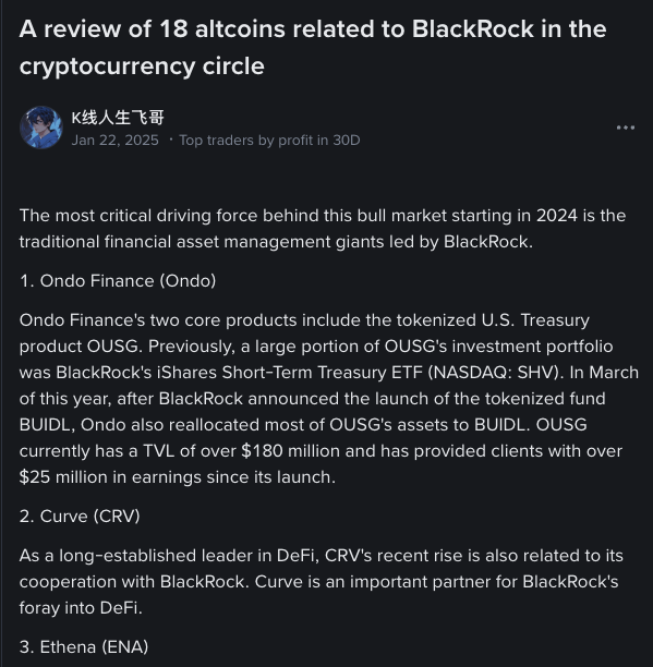 A screenshot of a social media post titled "A review of 18 altcoins related to BlackRock in the cryptocurrency circle" by K线人生飞哥, dated January 22, 2025, discussing altcoins like Ondo Finance (ONDO), Curve (CRV), and Ethena (ENA) and their connections to BlackRock. The accompanying post references the comparison between BlackRock's impact on $ONDO and the expected similar effect on $CRV, which aligns with the article's mention of Curve as an important DeFi partner for BlackRock.